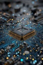 Close-up of a microchip on a futuristic glowing circuit board Royalty Free Stock Photo