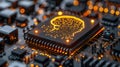 Artificial Intelligence Brain Concept on Microchip Motherboard with Glowing Neural Network Royalty Free Stock Photo
