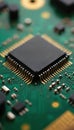 Close-up microchip on green circuit board with gold pins. Computer component, electronic parts, technology development, digital Royalty Free Stock Photo
