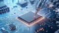 Close-up of a microchip with intricate circuitry, showcasing technology precision and innovation in electronics Royalty Free Stock Photo