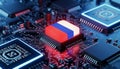 A close up of a microchip with the russian flag on it on a circuit board surface view Royalty Free Stock Photo