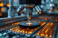 Close up of microchip transistor examination under microscope for microprocessor production testing