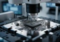 Close-up of a microchip under a microscope in a laboratory setting