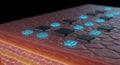 Close up of microchips and glowing blue squares set on a textured red surface against a dark background Royalty Free Stock Photo