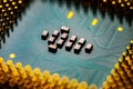 Close up of microchips and pins on Main CPU PC processor circuit board Royalty Free Stock Photo
