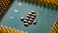 Close up of microchips and pins on Main CPU PC processor circuit Royalty Free Stock Photo