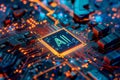 Close-up of microcomputer chips on motherboard circuit under glowing digital interface. Generative AI.