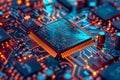 Close-up of microcomputer chips on motherboard circuit under glowing digital interface. Generative AI.