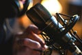 Close-up of microphone with blurred podcaster, ambient studio lighting, podcast recording session Royalty Free Stock Photo