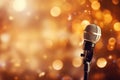 Close up of microphone in concert hall with blurred lights at background. Garland lamps or flashlights in a blurry bokeh Royalty Free Stock Photo