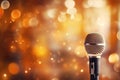 Close up of microphone in concert hall with blurred lights at background. Garland lamps or flashlights in a blurry bokeh Royalty Free Stock Photo