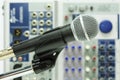 Close up of microphone in concert hall or conference room, Close up old microphone in conference room , Studio equipment Royalty Free Stock Photo