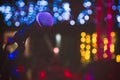 Close up of microphone in concert hall or conference room. Microphone on stage with colorful blurred lights Royalty Free Stock Photo