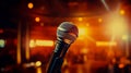 Close up of microphone in concert hall. Empty concert hall