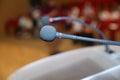 Close up of microphone in conference room . Microphone in Conference Seminar room Event Background . before a conference, the