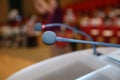 Close up of microphone in conference room . Microphone in Conference Seminar room Event Background . before a conference, the