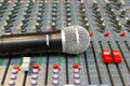 Close up Microphone on Mixing Console of a big HiFi system Royalty Free Stock Photo