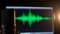 Microphone and green sound wave on computer screen Royalty Free Stock Photo