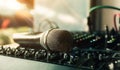 Close-up microphone and sound mixer in studio for sound record control system and audio equipment and music instrument Royalty Free Stock Photo