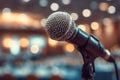 Close-Up Microphone on Stage with Warm Bokeh Lights Royalty Free Stock Photo