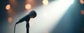 Close up microphone on stand for speaker presentation, speech, stage performance with blur, bokeh light background. Audio Royalty Free Stock Photo