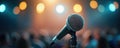 Close-up microphone on stand for speaker speech. Blurred audience in background. Bright stage lights create bokeh effect. Public
