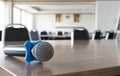 Close up microphone on table in seminar room Royalty Free Stock Photo