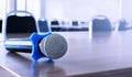 Close up microphone on table in seminar room Royalty Free Stock Photo