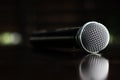 Close up Microphone voice speaker on dark background. radio microphones. wireless sound transmission system. soft focus Two mics C