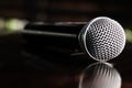 Close up Microphone voice speaker on dark background. radio microphones. wireless sound transmission system. soft focus Two mics C Royalty Free Stock Photo