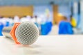 Close up microphone wireless Stand on white table in business conference interior seminar meeting room and Background blur Royalty Free Stock Photo