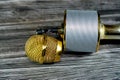 A close up of a microphone on a wooden background, Microphone for speech in a seminar room or speaking conference hall light, an Royalty Free Stock Photo