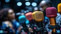 Close-up of Microphones in a Row. Generative AI. Royalty Free Stock Photo