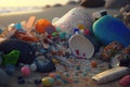 Close-up on microplastic and plastic trash polluting sandy beach. AI generative