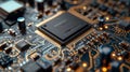 A close up of a microprocessor chip on top of an electronic circuit board, AI Royalty Free Stock Photo