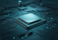 Close-up of a microprocessor on a circuit board with glowing elements