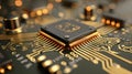 Close-up of a Microprocessor on a Circuit Board with Gold Traces and Electronic Components Royalty Free Stock Photo