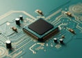 Close-up of a microprocessor on a green circuit board
