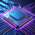 Close-up of a Microprocessor with Neon Purple and Blue Circuitry computer chip circuit board Royalty Free Stock Photo