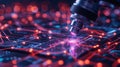 Microscope Analyzing Futuristic Circuit Board with Glowing Connections and Technological Advancement Royalty Free Stock Photo