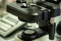 Close up microscope in bio laboratory Royalty Free Stock Photo