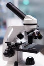 Close up of microscope in biochemistry laboratory Royalty Free Stock Photo