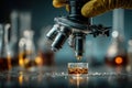 Close-up of a microscope examining liquid samples in a cold blue laboratory setting Royalty Free Stock Photo
