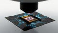 Close-up of microscope examining microchip on circuit board with blue lights Royalty Free Stock Photo