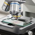 15x. A glass slide with a specimen is positioned on the stage, secured by Royalty Free Stock Photo