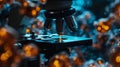 Close-Up of a Microscope Lens Focused on a Sample With Blurred Background of Orange and Blue Lights Royalty Free Stock Photo