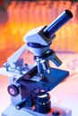 Close up of microscope lenses focused on a specimen in warm orange light light.