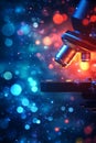 Close-up of Microscope Objective Lens with Colorful, Blurred Bokeh Background, Scientific Research