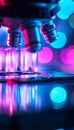 Close-Up Of Microscope Objective Lens With Colorful Bokeh Lights Reflecting In The Foreground