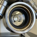 Close-up of a microscope objective lens reflecting a laboratory Royalty Free Stock Photo